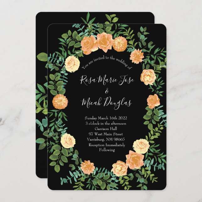 Invitación Peach & Black Peony y Rosa Boda Floral (Anverso / Reverso)