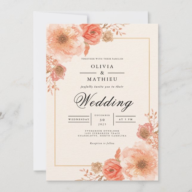 Invitación Peach Blossom Border Wedding (Anverso)