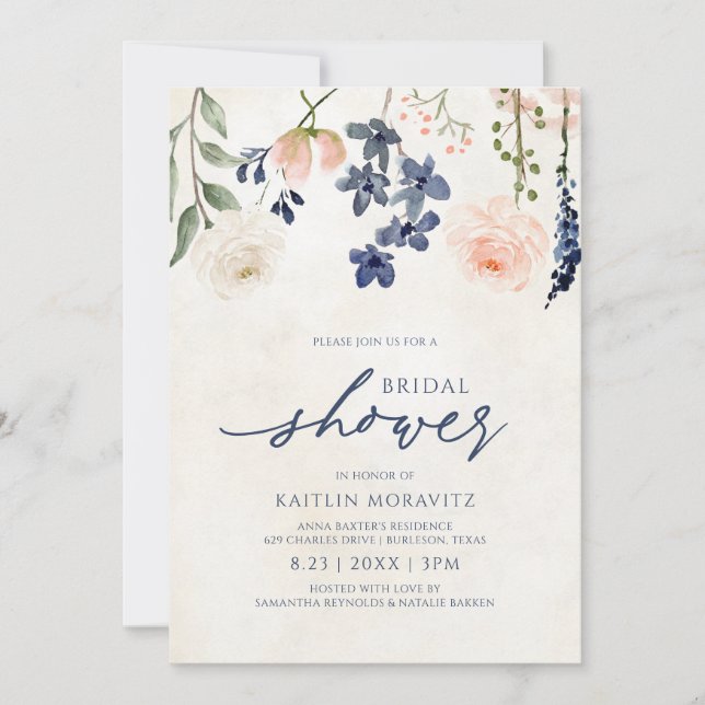 Invitación Peach & Blue Bridal Shower Botanage (Anverso)