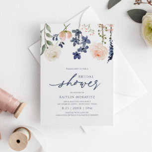 Invitación Peach & Blue Bridal Shower Botanical Floral