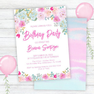 Invitación Peach Blue Pink Purple Floral Birday Party