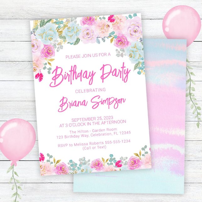 Invitación Peach Blue Pink Purple Floral Birday Party (Subido por el creador)
