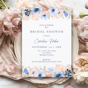 Invitación Peach, Blue, Rubor, Flowers, Bridal Shower