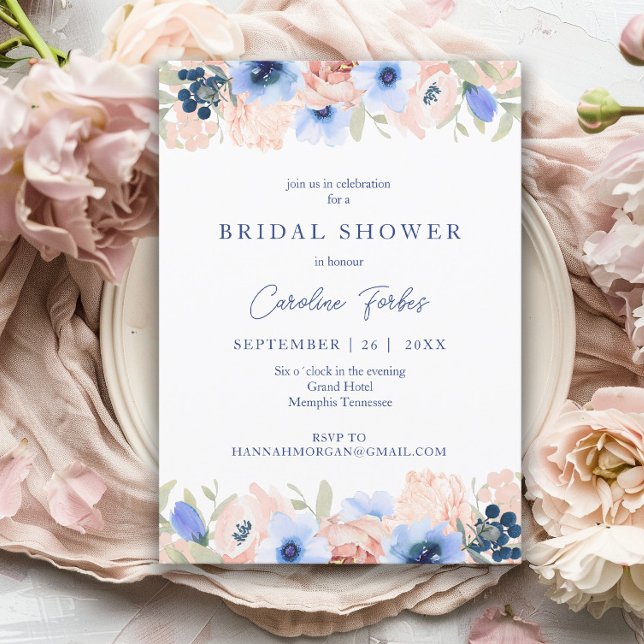 Invitación Peach, Blue, Rubor, Flowers, Bridal Shower (Subido por el creador)