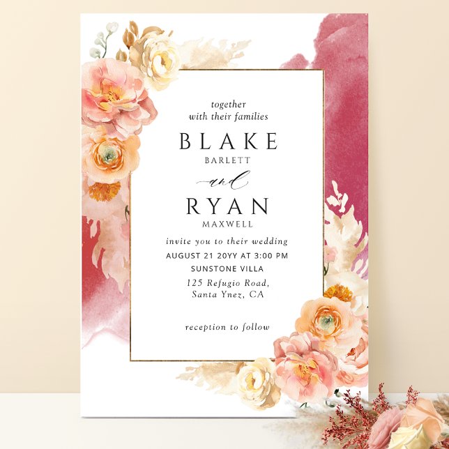 Invitación Peach Blush Floral, Burgundy Watercolor Wedding (Subido por el creador)