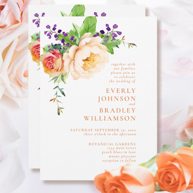Invitación Peach Bold Watercolor Floral Boda Botánico (Subido por el creador)