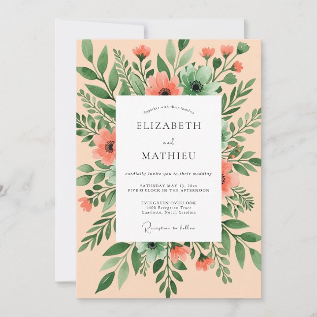 Invitación Peach Breezy Watercolor Wedding (Anverso)