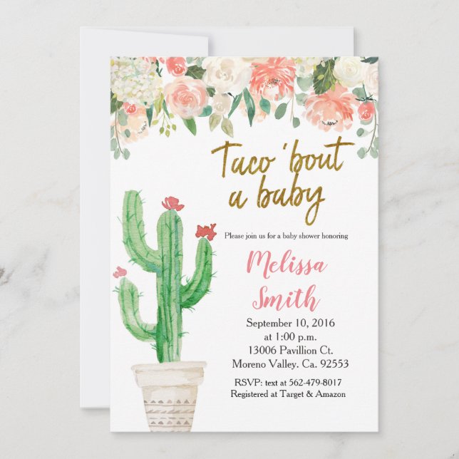 Invitación Peach Cactus floral Baby Shower Taco Bout Baby (Anverso)