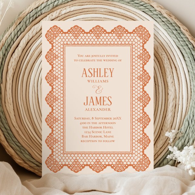 Invitación Peach Chantilly Lace Border All in One Wedding (Subido por el creador)