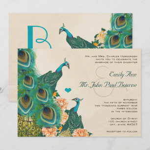 Invitación Peach Coral Apricot Peony Birdcage Peacock Boda