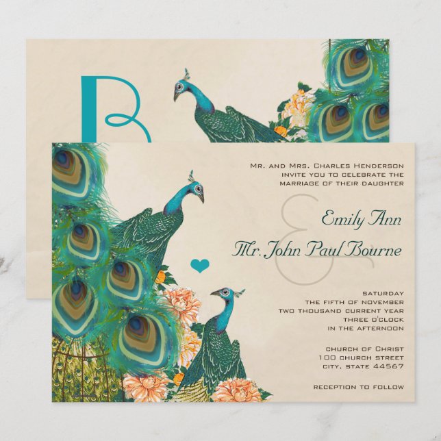 Invitación Peach Coral Apricot Peony Birdcage Peacock Boda (Anverso / Reverso)