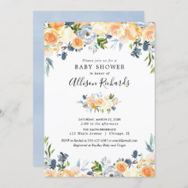 Invitación Peach coral azul floral chica bebé ducha