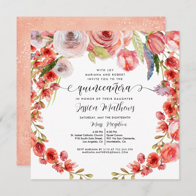Invitación Peach Coral Floral and Glitter Quinceañera (Anverso / Reverso)
