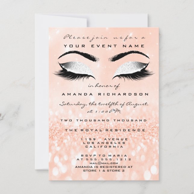 Invitación Peach Coral Makeup White Purpurina 16th Bridal Sho (Anverso)