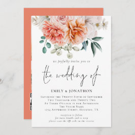 Invitación Peach Coral Peonies Floral 3 Photo QR Code Boda