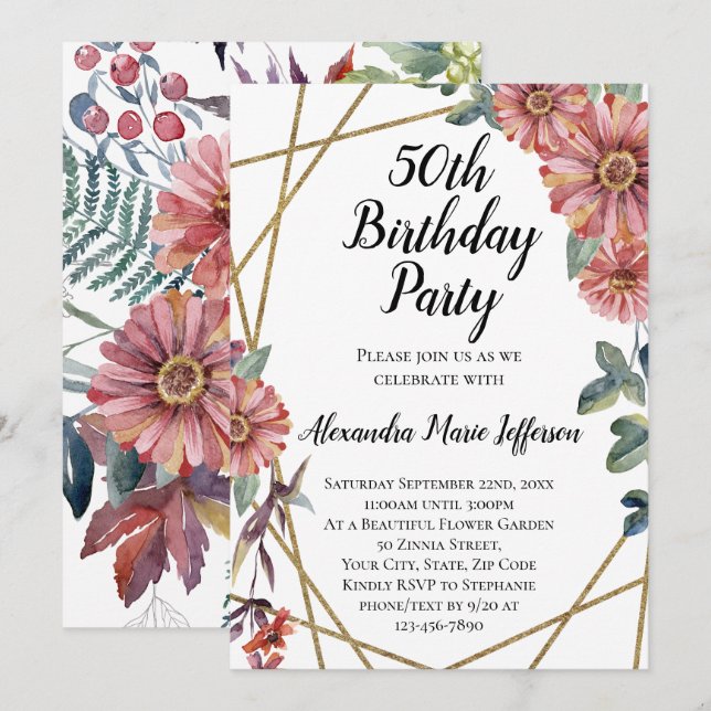 Invitación Peach Coral Zinnia Flower Womens 50th Birthday (Anverso / Reverso)