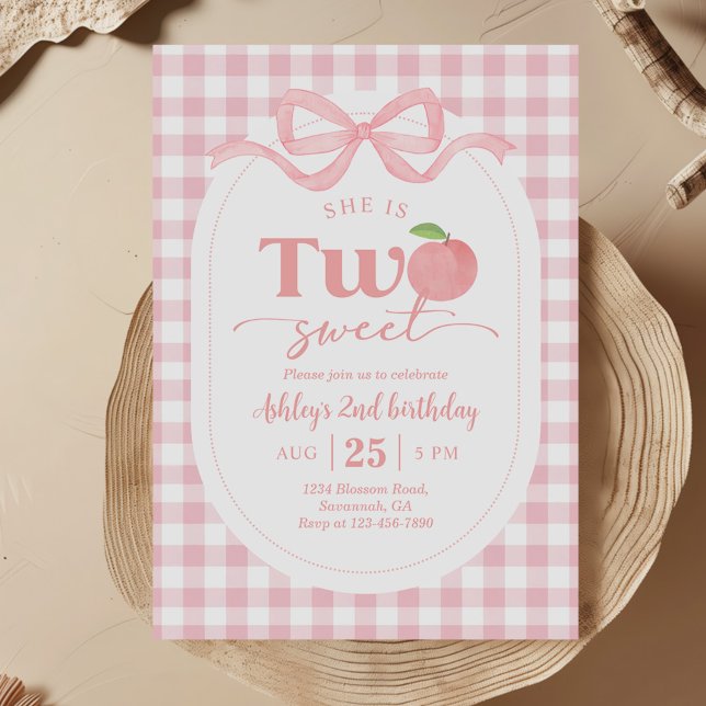Invitación Peach Dulce de Gingham Rosada Segundo Cumpleaños (Subido por el creador)