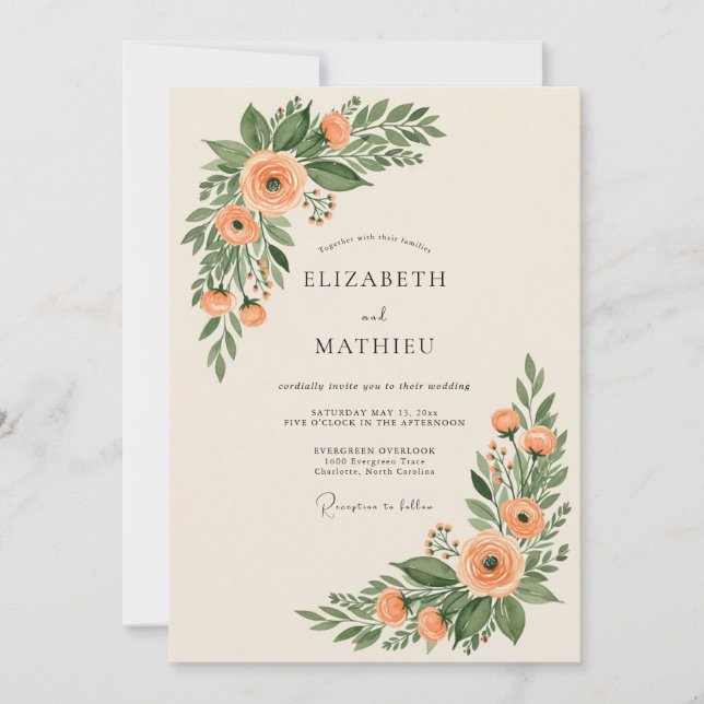 Invitación Peach Enchanting Botanical Wedding (Anverso)