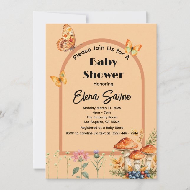 Invitación Peach Fall Woodland Butterfly Mushroom Baby Shower (Anverso)