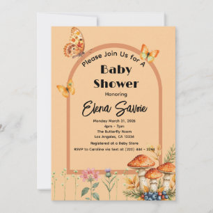 Invitación Peach Fall Woodland Butterfly Mushroom Baby Shower