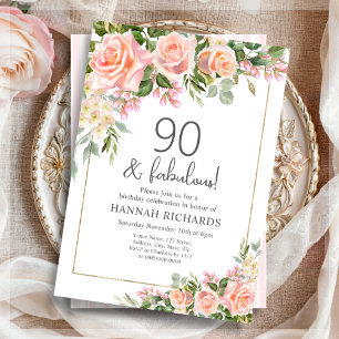 Invitación Peach Feminine   Floral rosa 90 cumpleaños