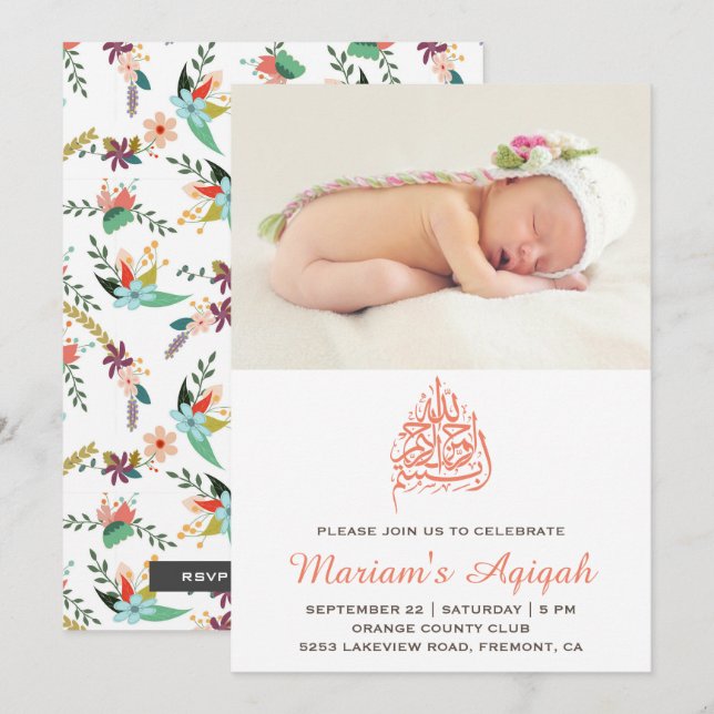 Invitación Peach Flor Baby Foto Aqiqah (Anverso / Reverso)