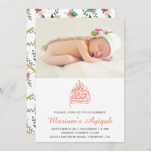 Invitación Peach Flor Baby Foto Aqiqah