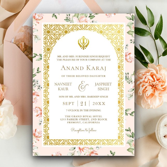 Invitación Peach Floral Anand Karaj Punjabi Sikh Boda (Subido por el creador)