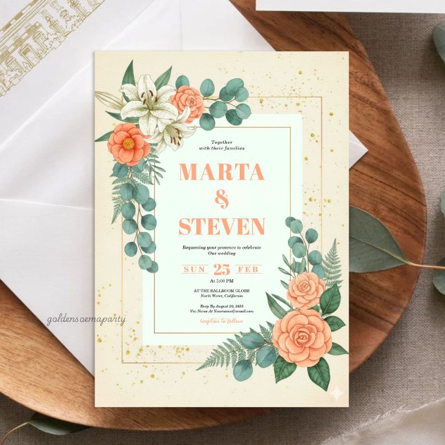 Invitación Peach Floral and Eucalyptus Greenery Wedding (Peach Floral and Eucalyptus Greenery Wedding Invitation)