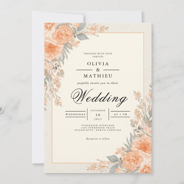 Invitación Peach Floral Arch Flourier Boda (Anverso)