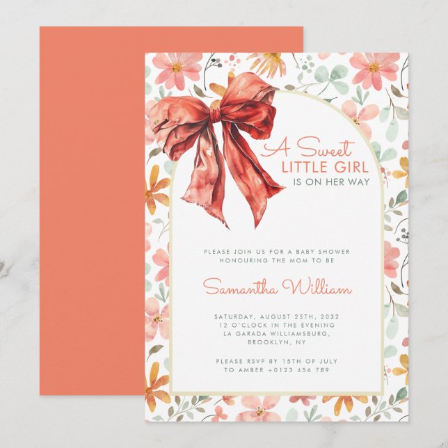 Invitación Peach Floral Bow Coquette Baby Shower (Anverso / Reverso)