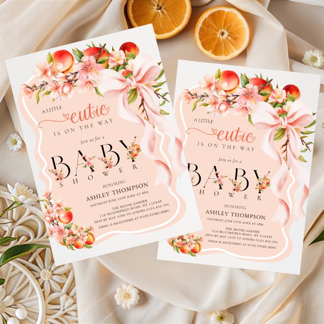 Invitación Peach Floral Bow Little Cutie Baby Shower  (Subido por el creador)
