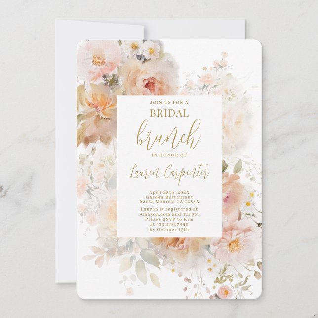 Invitación Peach Floral Bridal Shower Brunch (Anverso)