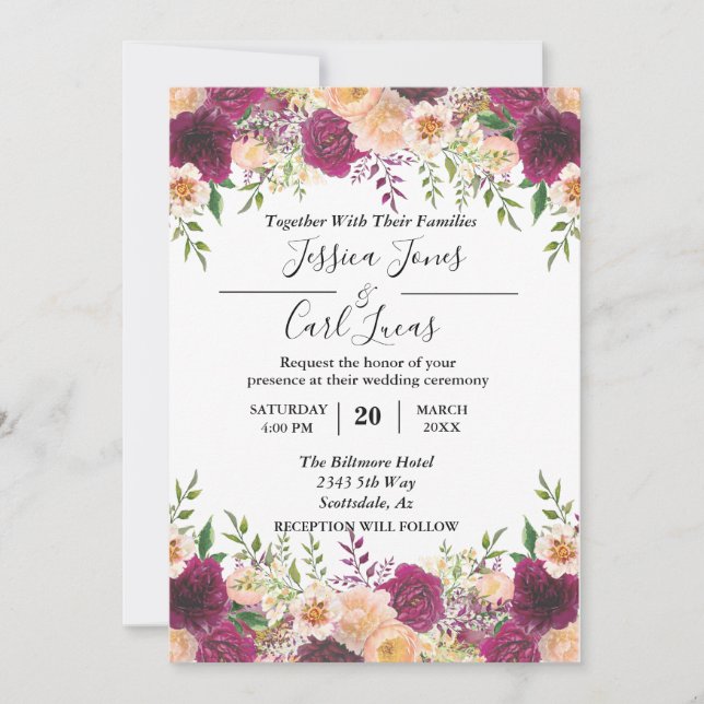 Invitación Peach Floral Burgundy Watercolor Otoño (Anverso)