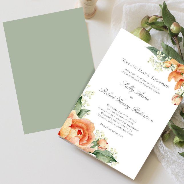 Invitación Peach Floral Corner Greenery Elegant Script (Elegant peach floral wedding design shown on mobile, perfect for modern sharing and digital previews)