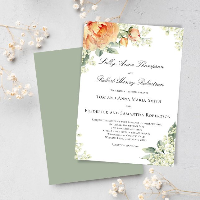 Invitación Peach Floral Corner Greenery Script Elegant (Elegant peach floral wedding design displayed on mobile, perfect for modern sharing and stylish. )