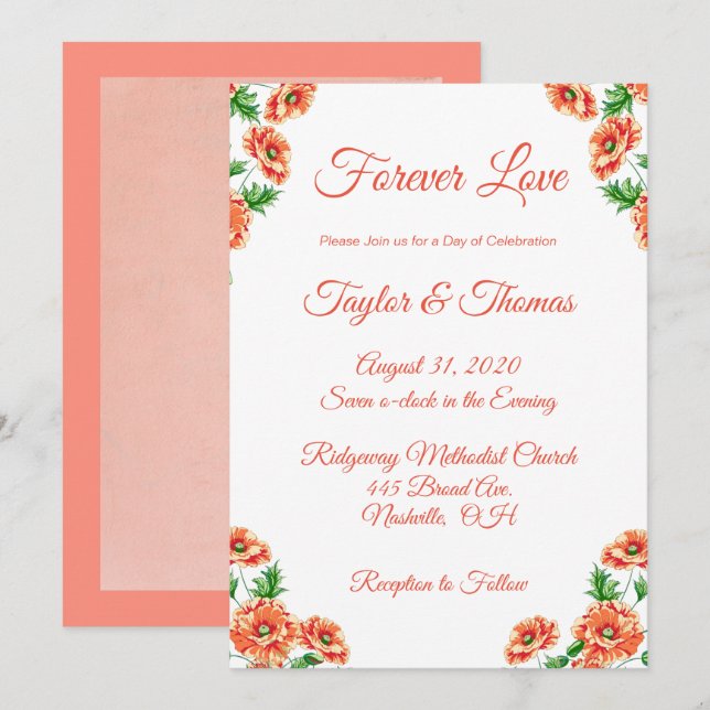 Invitación Peach floral de bonito | Boda de script de naranja (Anverso / Reverso)