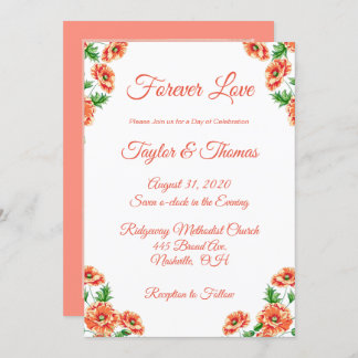 Invitación Peach floral de bonito | Boda de script de naranja
