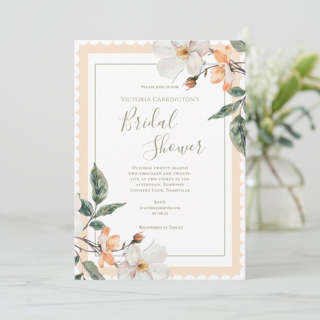 Invitación Peach Floral Elegant Bridal Shower (Anverso de pie)