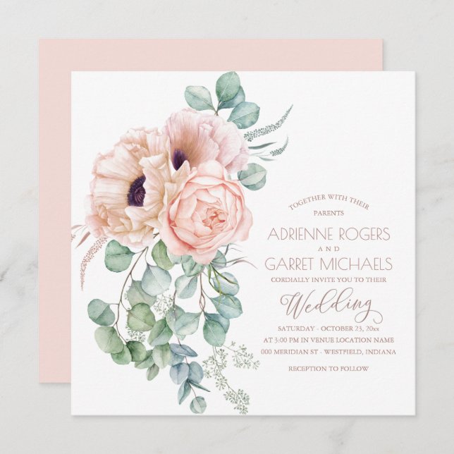 Invitación Peach Floral & Eucalyptus Greeneration Boda (Anverso / Reverso)