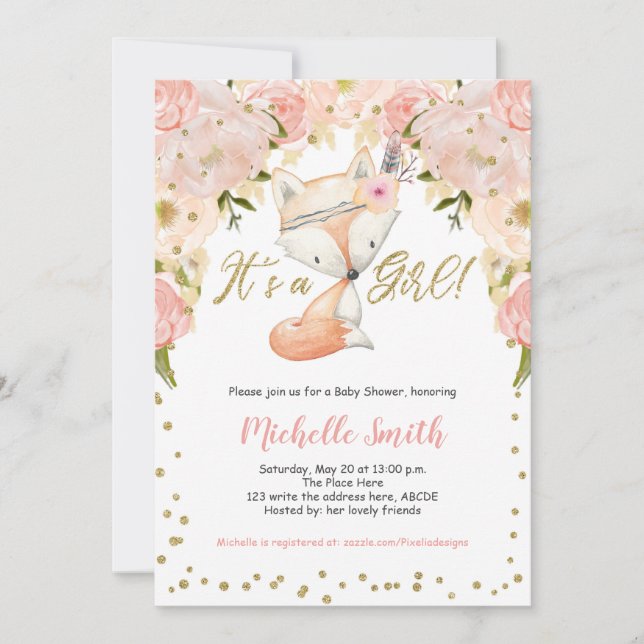 Invitación Peach Floral, Fox, Woodland Baby Shower (Anverso)