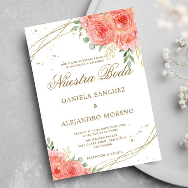 Invitación Peach Floral Gold Nuestra Boda Boda Española (Subido por el creador)