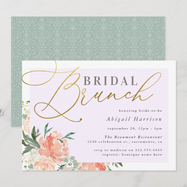 Invitación Peach Floral Gold Script Lavender Bridal Brunch (Anverso / Reverso)