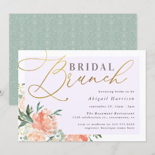 Invitación Peach Floral Gold Script Lavender Bridal Brunch