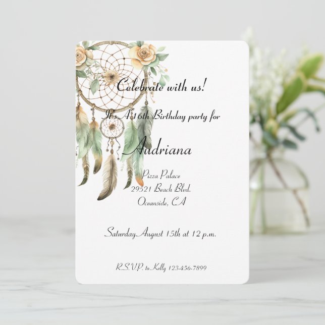 Invitación Peach Floral Green Dream Catcher Cumpleaños (Anverso de pie)