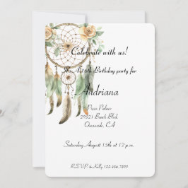 Invitación Peach Floral Green Dream Catcher Cumpleaños