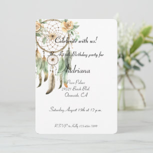 Invitación Peach Floral Green Dream Catcher Cumpleaños