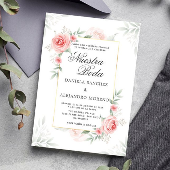 Invitación Peach Floral Greeneration Nuestra Boda Boda Españo (Subido por el creador)
