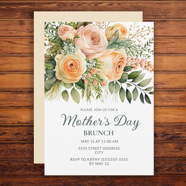 Invitación Peach Floral Greenery Día de la Madre Brunch (Peach floral and greenery Mother's Day Brunch invitation)