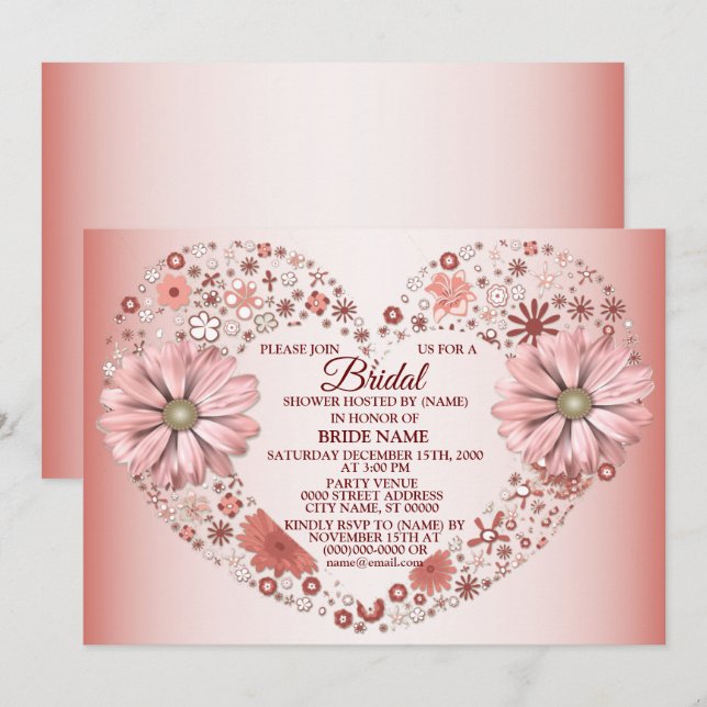 Invitación Peach Floral Heart Modern Bridal Shower Party (Anverso / Reverso)